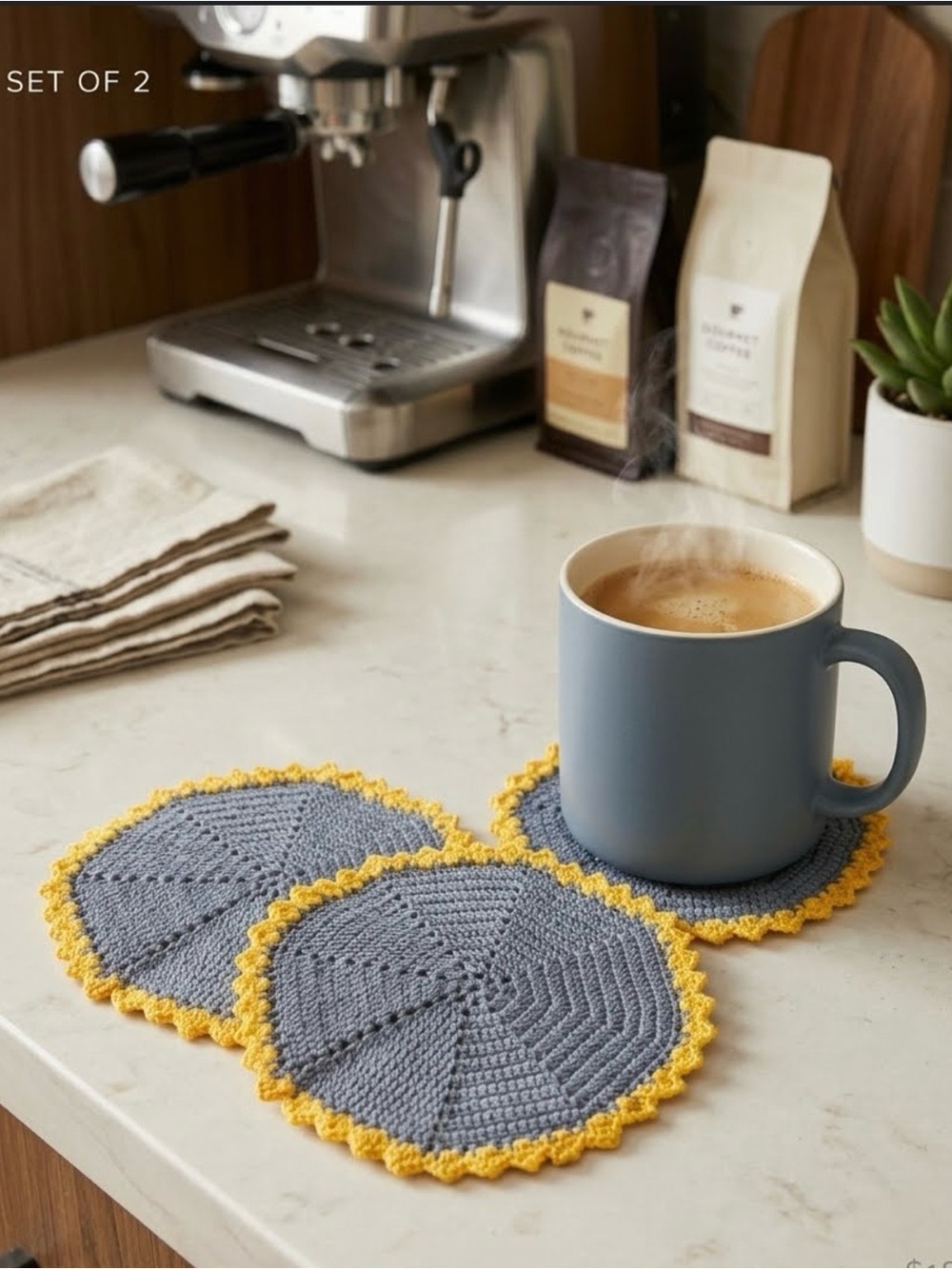 handmade blue  and yellow crochet coasters set of 2